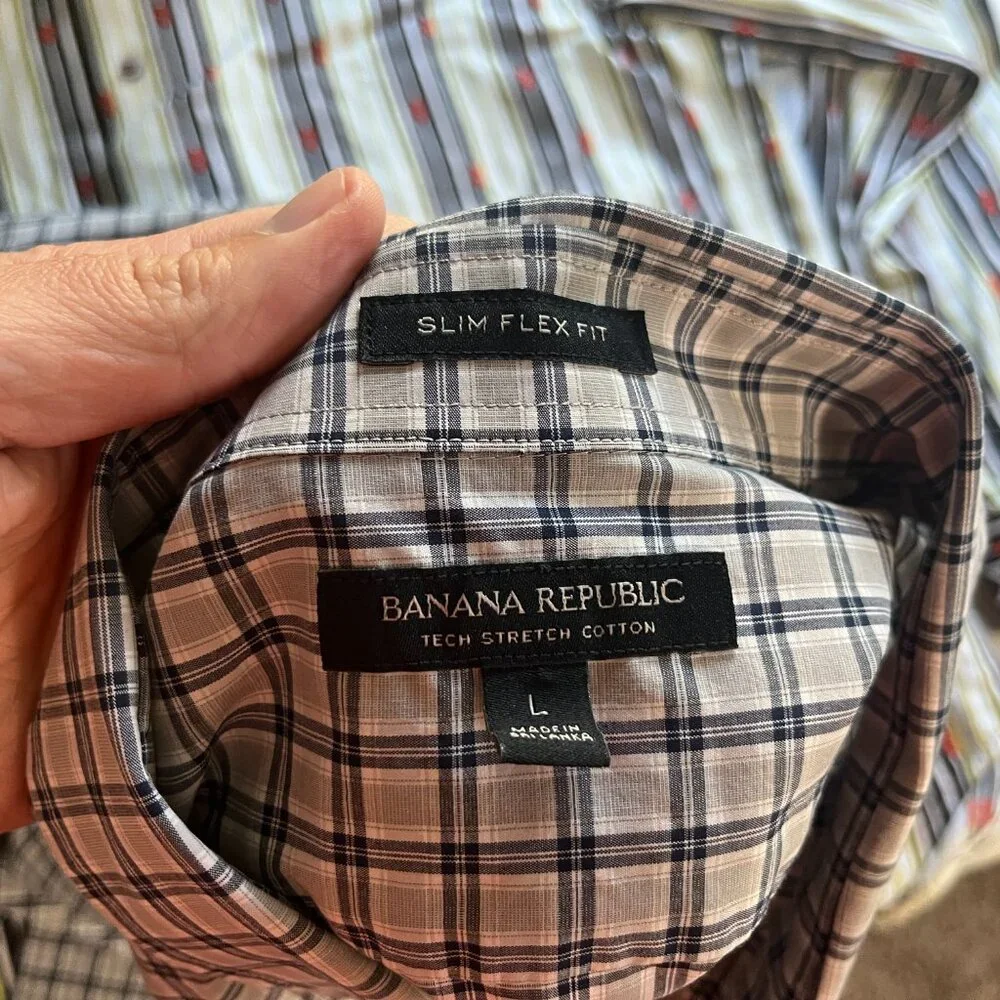 🔥 Banana Republic Men’s Slim Fit Stretch Shirt Gray Blue White L Flex Tech 👔